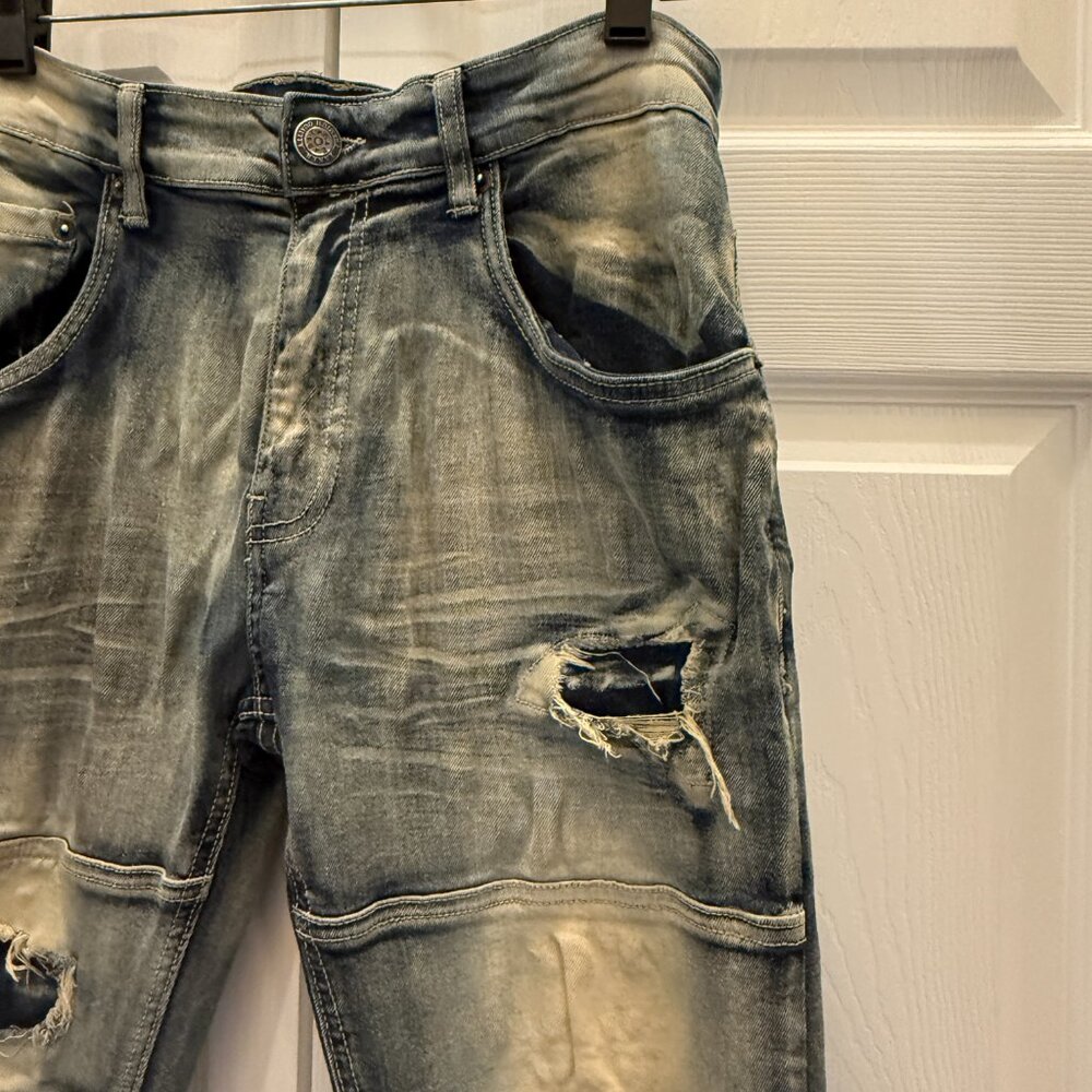 TAKER Blue Distressed Men's Jeans 30x32  (32 inseam/ 30 waist measured) stretch - Picture 14 of 15